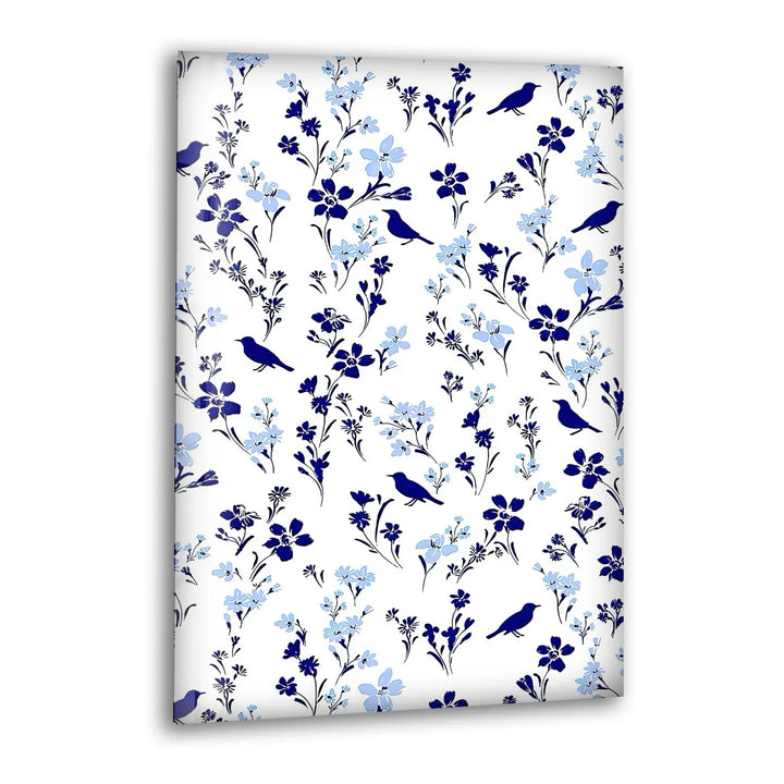 Blue Bird and Wildflower Pattern Wall Art – Elegant Floral Glass Print for Nature Lovers - MyPhotoStation