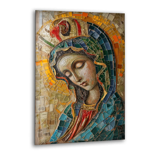 Religion glass wall art of Saint Maria with mosaic detail and Christian art plus wall decor
