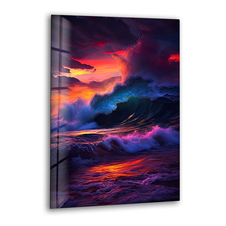 Wandkunst mit krachenden Wellen bei Sonnenuntergang – Dramatisches Ozean-Glasdruck-Design