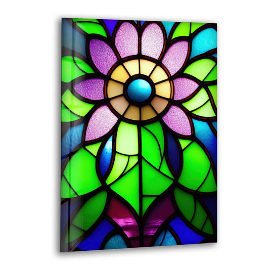 Stained Glass Flower Wall Art – Vibrant Purple and Green Glass Print for Colorful Botanical and Modern Interiors - MyPhotoStation