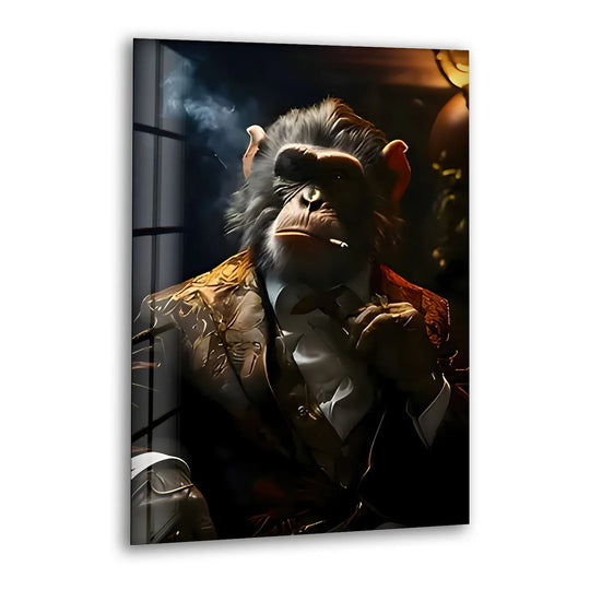 A dapper business monkey portrait captured in glass wall art, embodying a moment of reflective stillness.