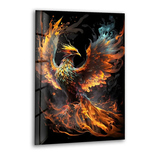 A majestic phoenix rendered in fiery hues dominates the dark negative space, a stunning print wall art.