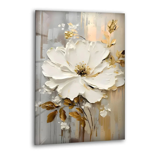 Swirling white petals and golden leaves create a sense of organic movement in this stunning glass wall art decor.
