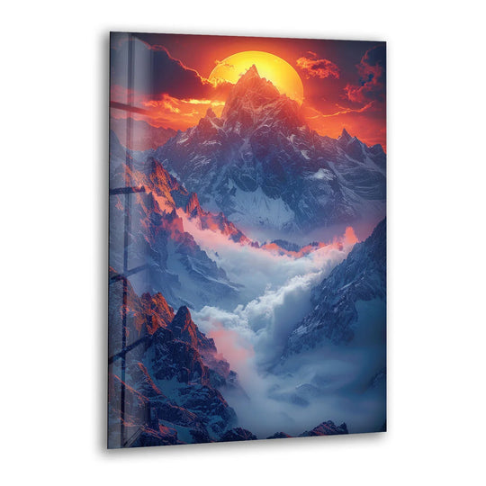 Wispy fog, the softest element, drifts through the mountain valleys in this 'Sunrise in Mountains' print wall art, creating a serene and majestic landscape.