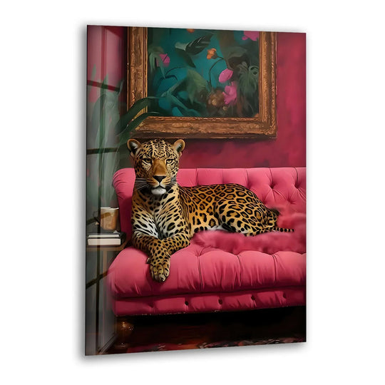 A leopard on a pink couch transitions from deep magenta to soft blush in this decorative wall art.