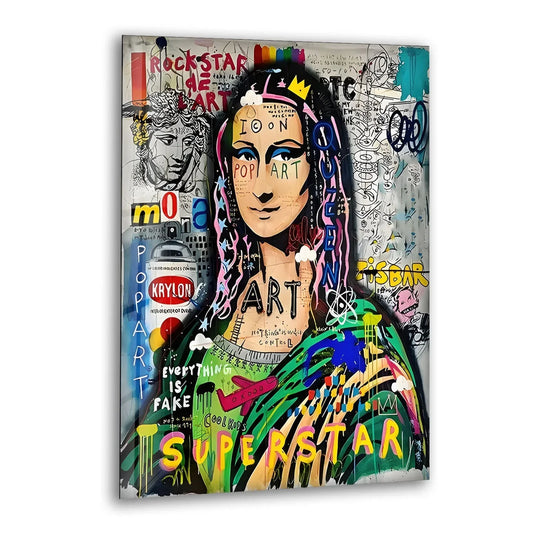 Bright yellow and pink graffiti illuminates this vibrant Mona Lisa Pop Art Graffiti Glass Wall Art.