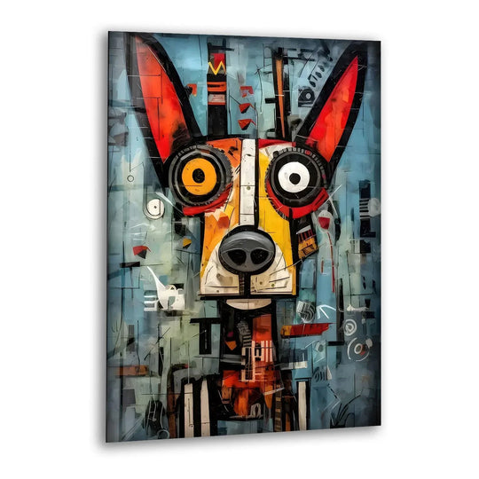 Vertical abstract dog from tools glass wall art features bold geometric shapes and a striking symmetrical form.