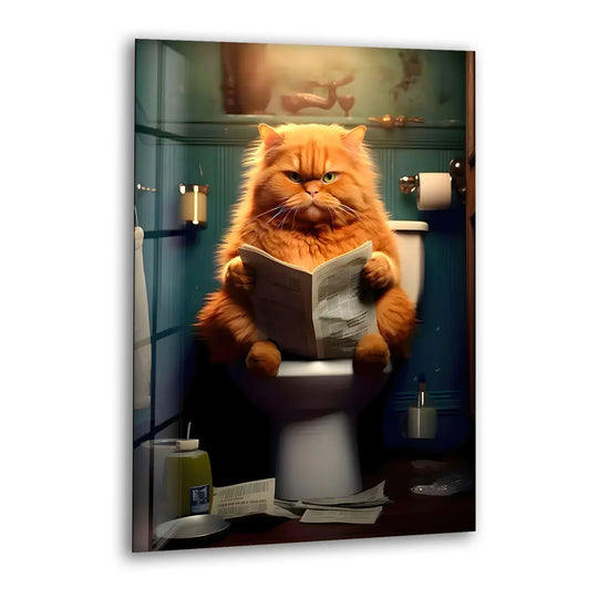 A fluffy orange cat reads a newspaper with depth on this unique glass art piece.