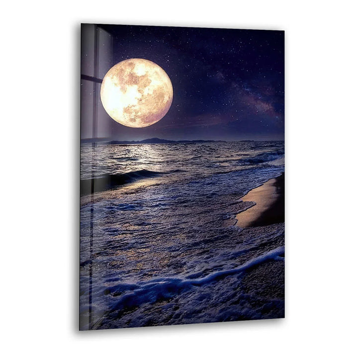 Moonlit Ocean Wall Art – Full Moon Over Waves Glass Print, Night Seascape Decor for Bedroom & Living Room - MyPhotoStation