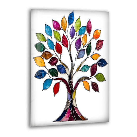 Vibrant stained glass mosaic tree of life art with an abundance of colorful leaves against a stark white background, showcasing the best glass art.