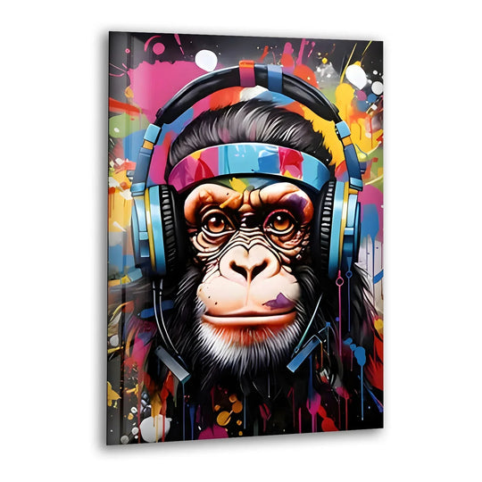 Vibrant monkey with headphones pop art on high-quality glass wall artwork brings dynamic color and personality.