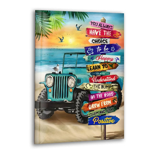 Tropical beach & jeep glass printing captures the movement of seagulls in flight over the ocean and the feeling of cruising down a sandy road.