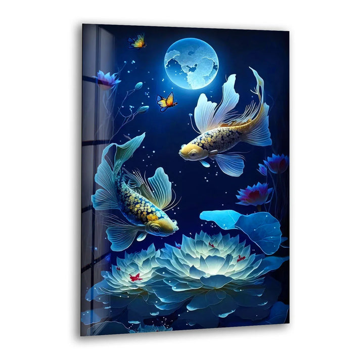 Moonlit Koi Fish and Lotus Wall Art – Tranquil Blue Glass Panel for Zen Decor