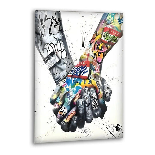Expressing bold urban connection, this captivating art from glass features hands covered in vibrant graffiti.