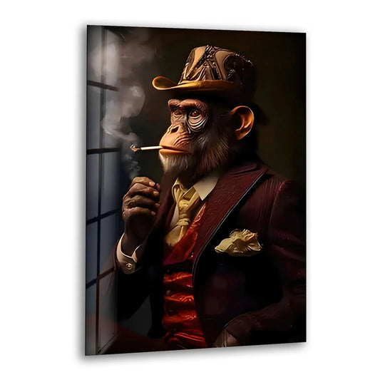 A smoking monkey in a suit and hat exhales smoke, captured with a sense of movement on this print wall art.