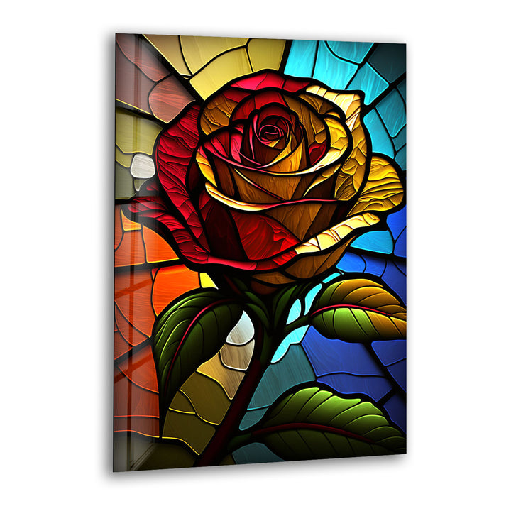 Rote Rose Buntglas-Wandkunst – Farbenfrohes florales Glasdruck-Design