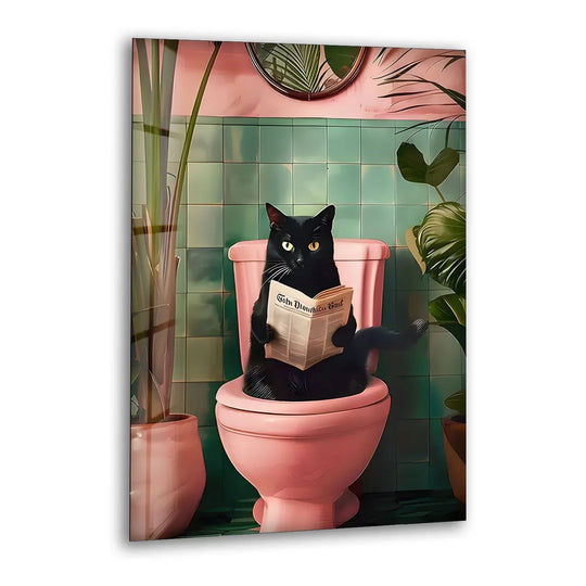 A quirky black cat reading a newspaper on a pink toilet, set against a backdrop of green tiles, is a charming piece of glass printing.