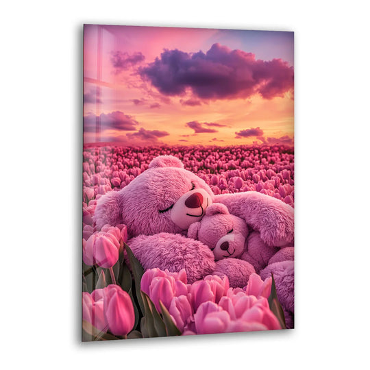A gentle breeze seems to rustle the pink tulips and fuzzy teddy bears, creating a soft, dreamlike flow in this best glass art.