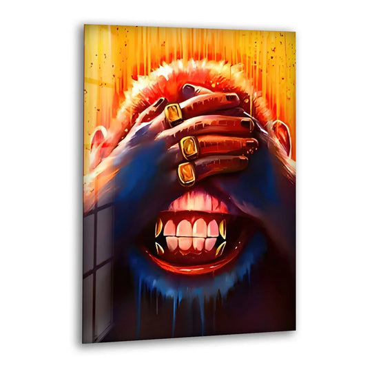 This glass wall art features a monkey with closed eyes, showcasing a vibrant print wall art with a glossy texture.