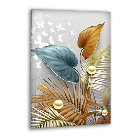 Warm and cool tones blend in this stunning glass wall art featuring golden foliage and icy blue leaves.
