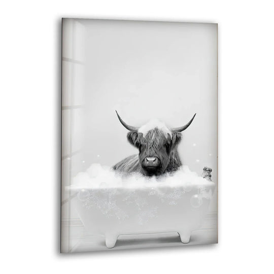 Highland Cow in Bathtub Wall Art – Funny Black and White Glass Print for Bathroom Decor - MyPhotoStation
