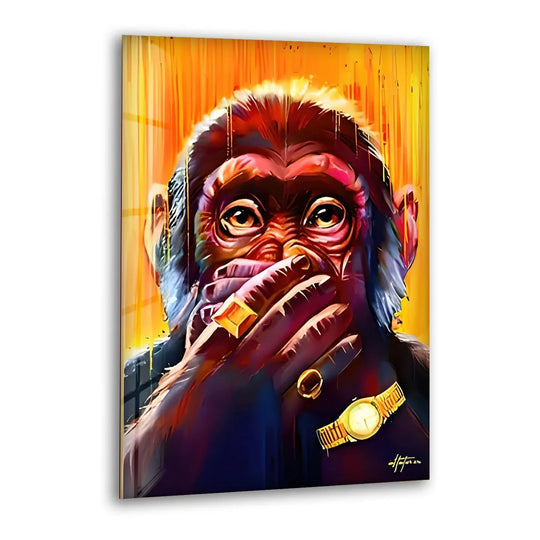Vertical glass wall art decor of a cool rich monkey with gold accessories.