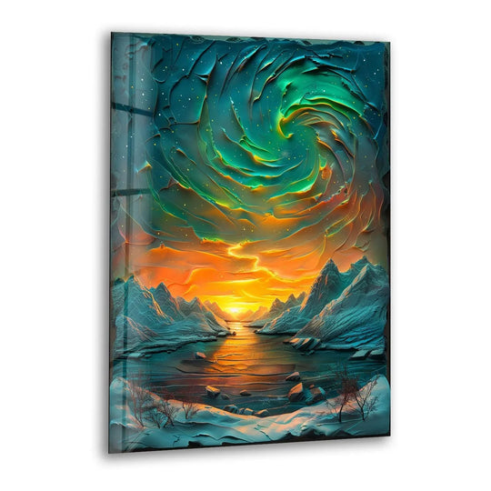 Northern lights swirl above snowy mountains in this serene glass art.