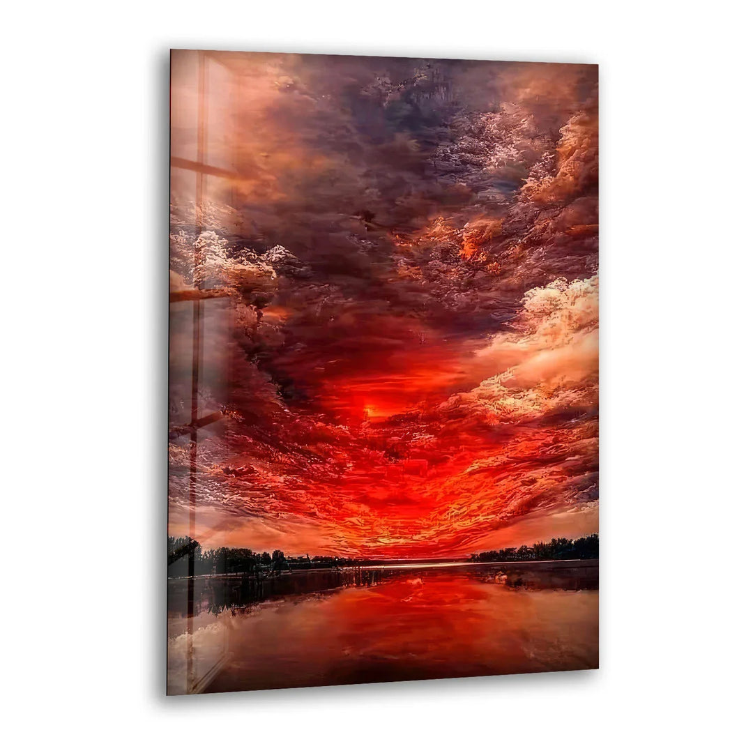 Fiery Sunset Sky Glass Wall Art – Dramatic Red Clouds Over Water Landscape - MyPhotoStation