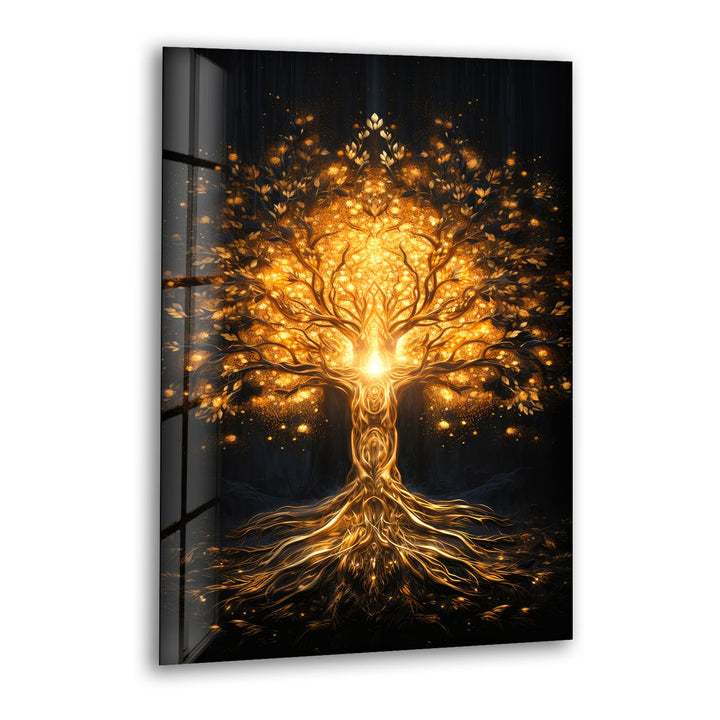 Goldene Fantasiebaum-Wandkunst – Beleuchtetes abstraktes Glasdruckdesign