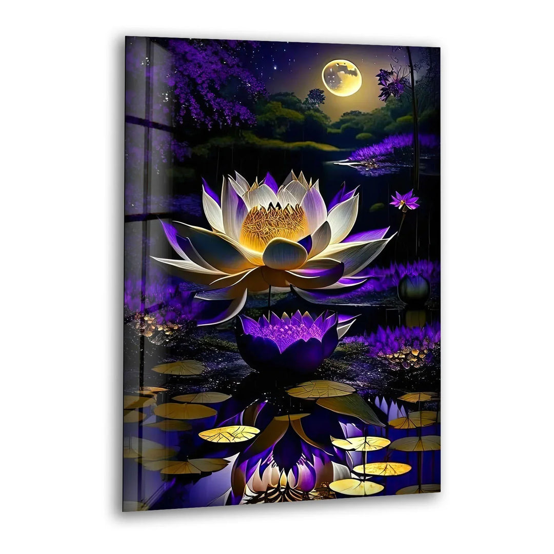 Moonlit Purple Lotus Glass Wall Art – Mystical Night Bloom Floral Print - MyPhotoStation