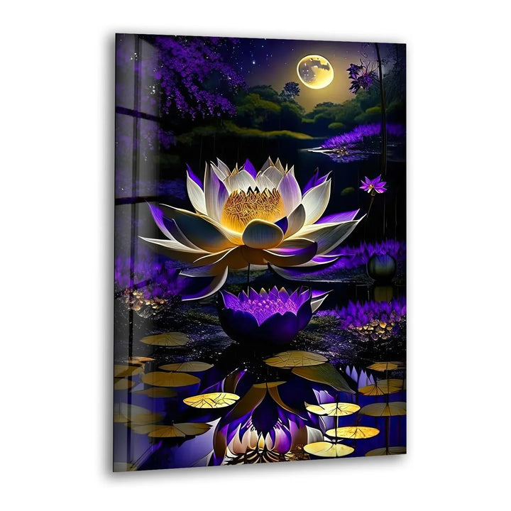 Moonlit Purple Lotus Glass Wall Art – Mystical Night Bloom Floral Print - MyPhotoStation