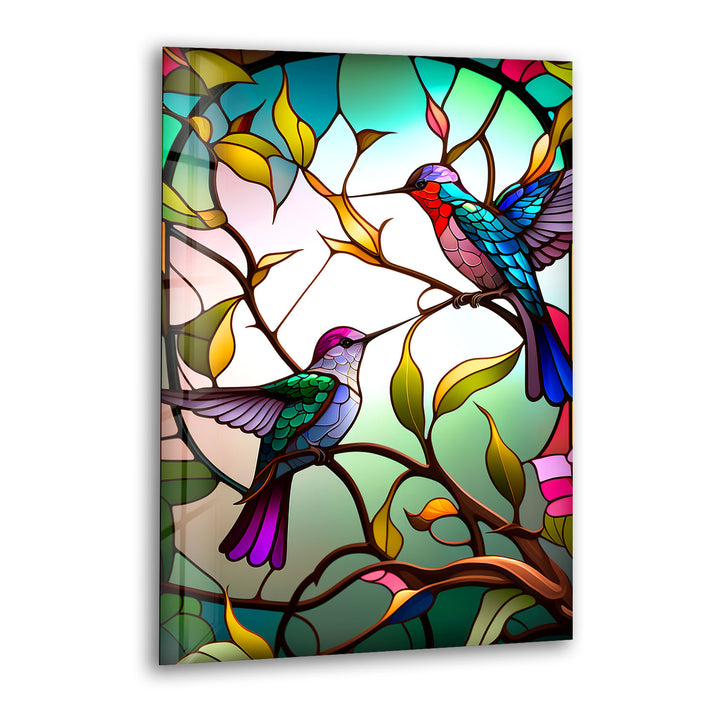 Hummingbirds Stained Glass Wall Art – Colorful Bird & Branch Glass Print