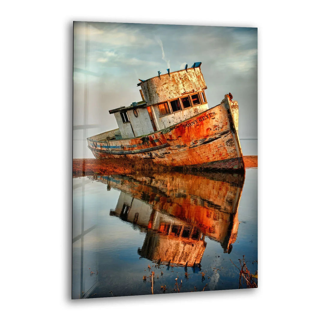 Rustic Abandoned Boat Glass Wall Art – Reflections of Time Nautical Print - MyPhotoStation
