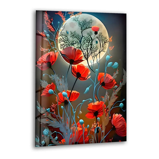 Moonlit shadows highlight the luminous red poppies and delicate blue buds in this striking print wall art.