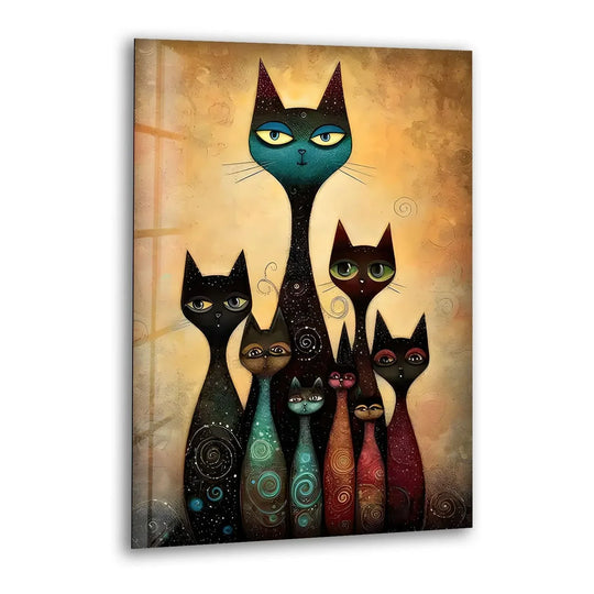 A whimsical cat family portrait glass printing features seven stylized cats with unique patterns and striking eyes on a textured yellow background.