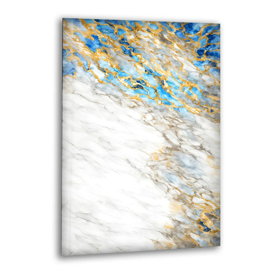 White Marble and Gold Wall Art – Elegant Glass Print with Blue Accents for Modern Luxe Interiors - MyPhotoStation