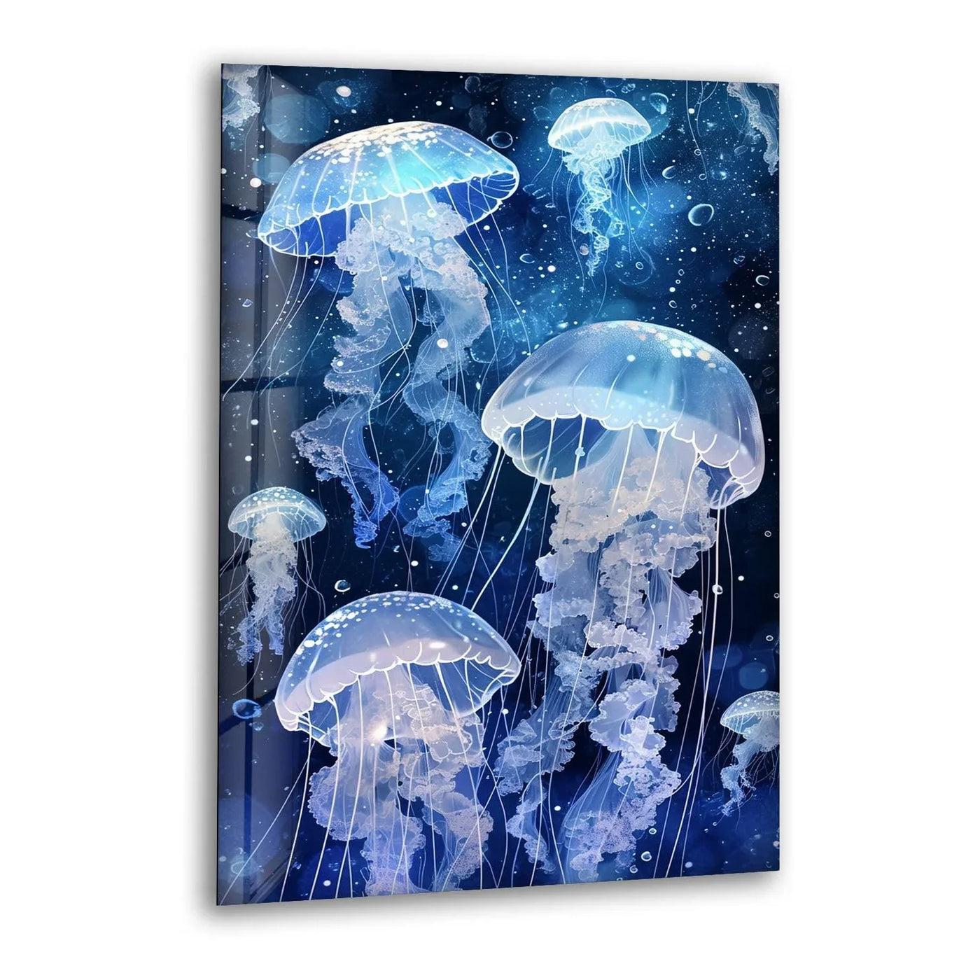 Luminous jellyfish swim through the deep blue ocean, showcasing the vibrant finish of this glass art.