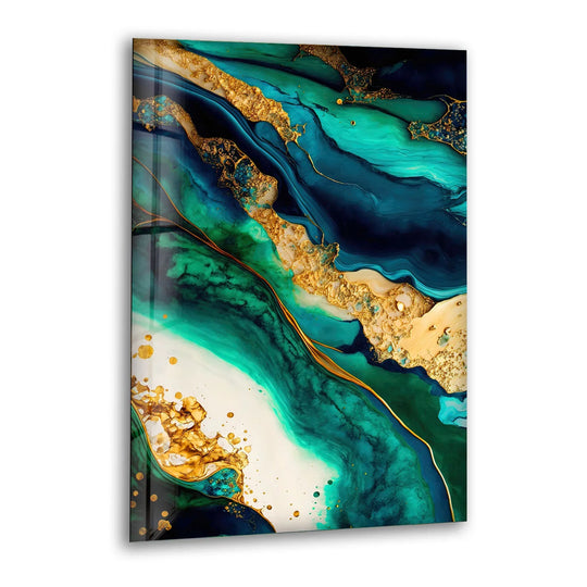 Teal and Gold Abstract Wall Art – Luxurious Glass Print with Ocean-Inspired Marble Texture for Elegant Modern Interiors - MyPhotoStation