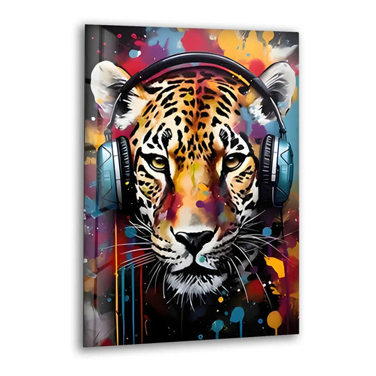 This vibrant leopard with headphones glass wall art showcases unique modern wall decor with a rich, multi-colored paint splatter effect.