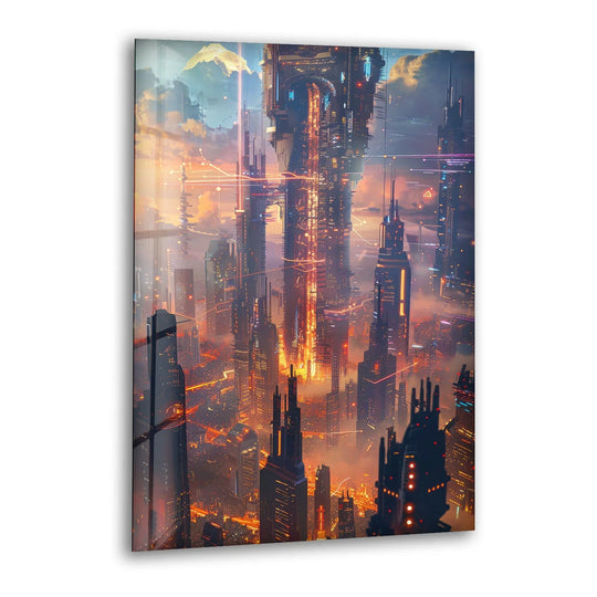 Warm hues radiate from the vibrant city in this Sci-Fi Magic Skyline glass wall art, showcasing how color temperature enhances the futuristic best glass art.