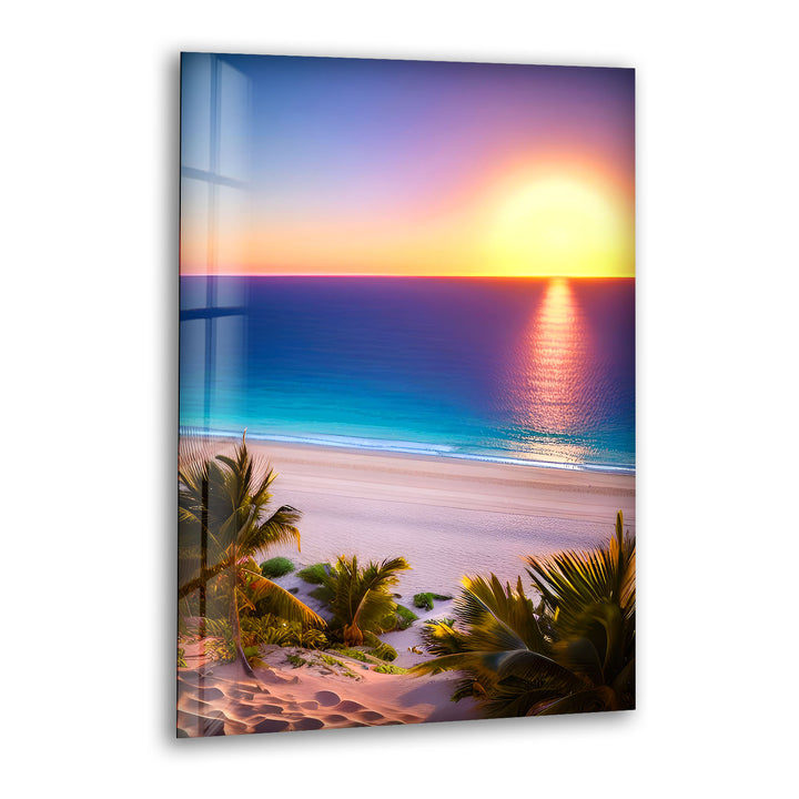 Tropischer Strand Sonnenuntergang Wandkunst – Lebendiger Ozeanhorizont Glasdruck