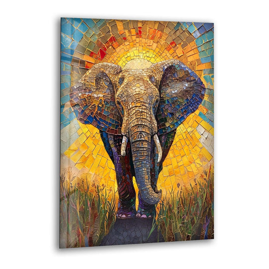 Mosaic elephant is a glass wall art featuring animal artwork and vibrant mosaic style design and wildlife decor for modern wall decor