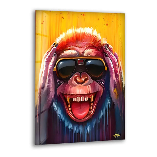Vibrant glass art painting of a crazy monkey with sunglasses, showcasing a striking, high-quality finish.