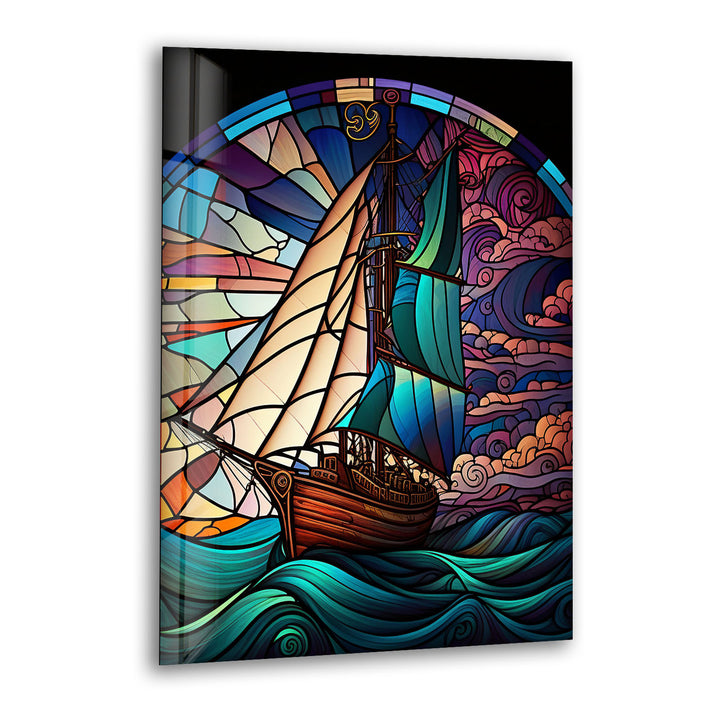 Segelschiff Buntglas Wandkunst – Maritimer Ozeanwellen-Glasdruck