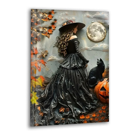 A mystical witch and black cat are illuminated by the brightest full moon, featured on this glass wall art decor.