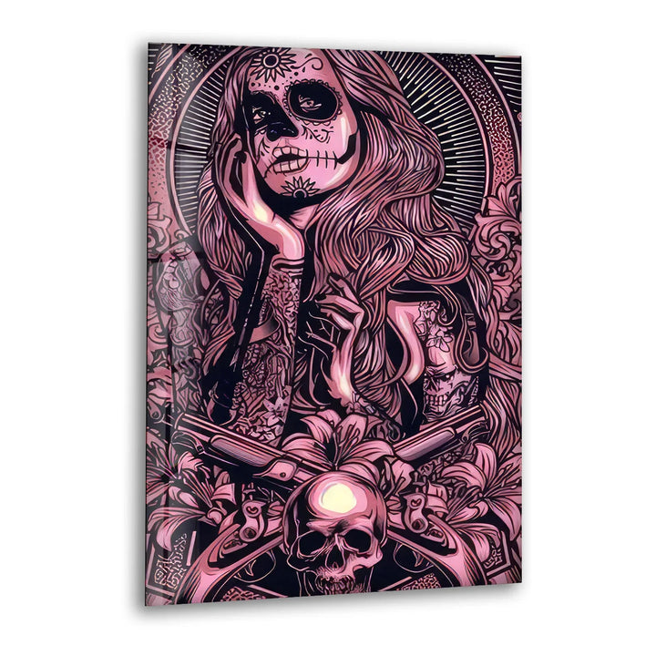 Day of the Dead Gothic Wall Art – Pink Skull Girl with Guns Tattoo Design - MyPhotoStation
