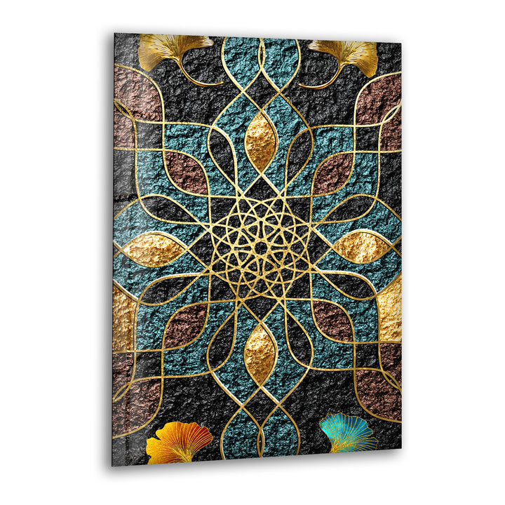 Goldene Mandala-Wandkunst – Geometrisches blaugrünes und schwarzes Muster-Glasdruckdesign