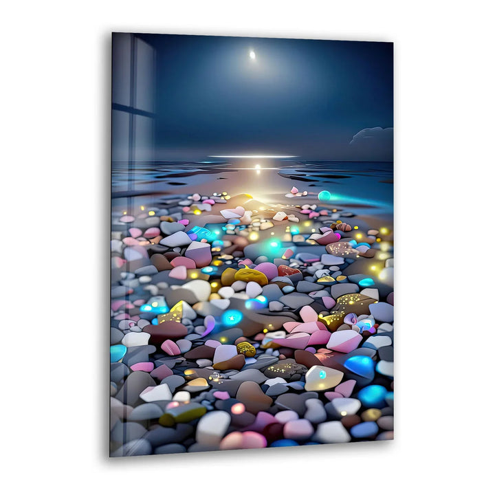 Colorful Pebble Beach at Sunset – Dreamy Ocean Glass Wall Art for Modern Decor - MyPhotoStation