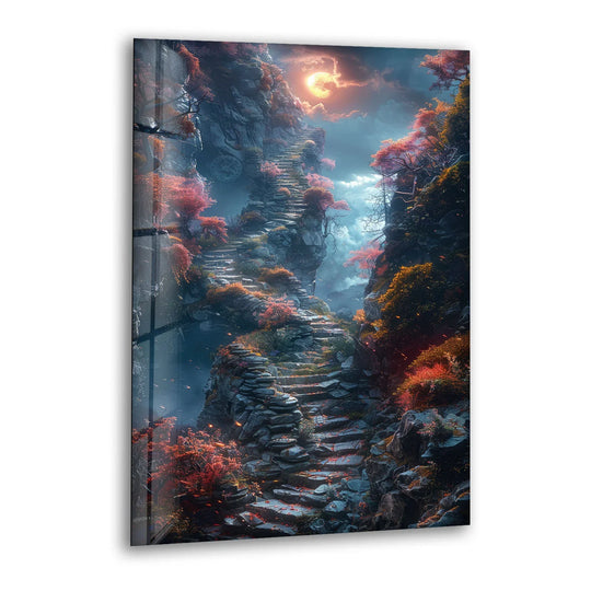 The winding stone steps amidst vibrant foliage are the loudest element in this photorealistic landscape glass art, offering an immersive experience with intricate details in this glass art.