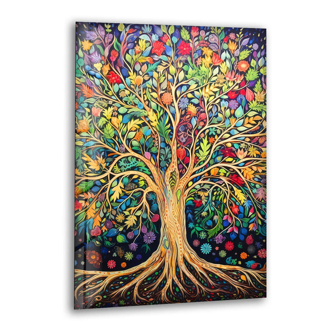 Colorful Tree of Life Wall Art – Multicolor Glass Print with Leaves and Roots for Boho, Nature-Inspired, and Spiritual Interiors - MyPhotoStation